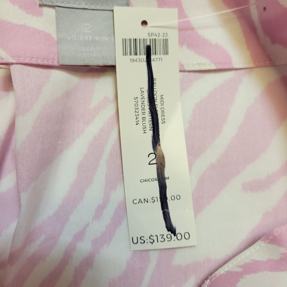 Chico's Dress Pink Zebra Print Ballon Sleeve Midi Dress Poplin Stretch NEW - Picture 10 of 16